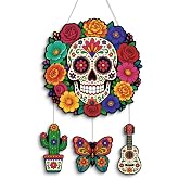 Putuo Decor Dia de los Muertos Skull Wall Hanging Decoration Set | Sugar skull wreath with cactus, butterfly and guitar accents. MDF hanging decor for Day of the Dead celebrations.