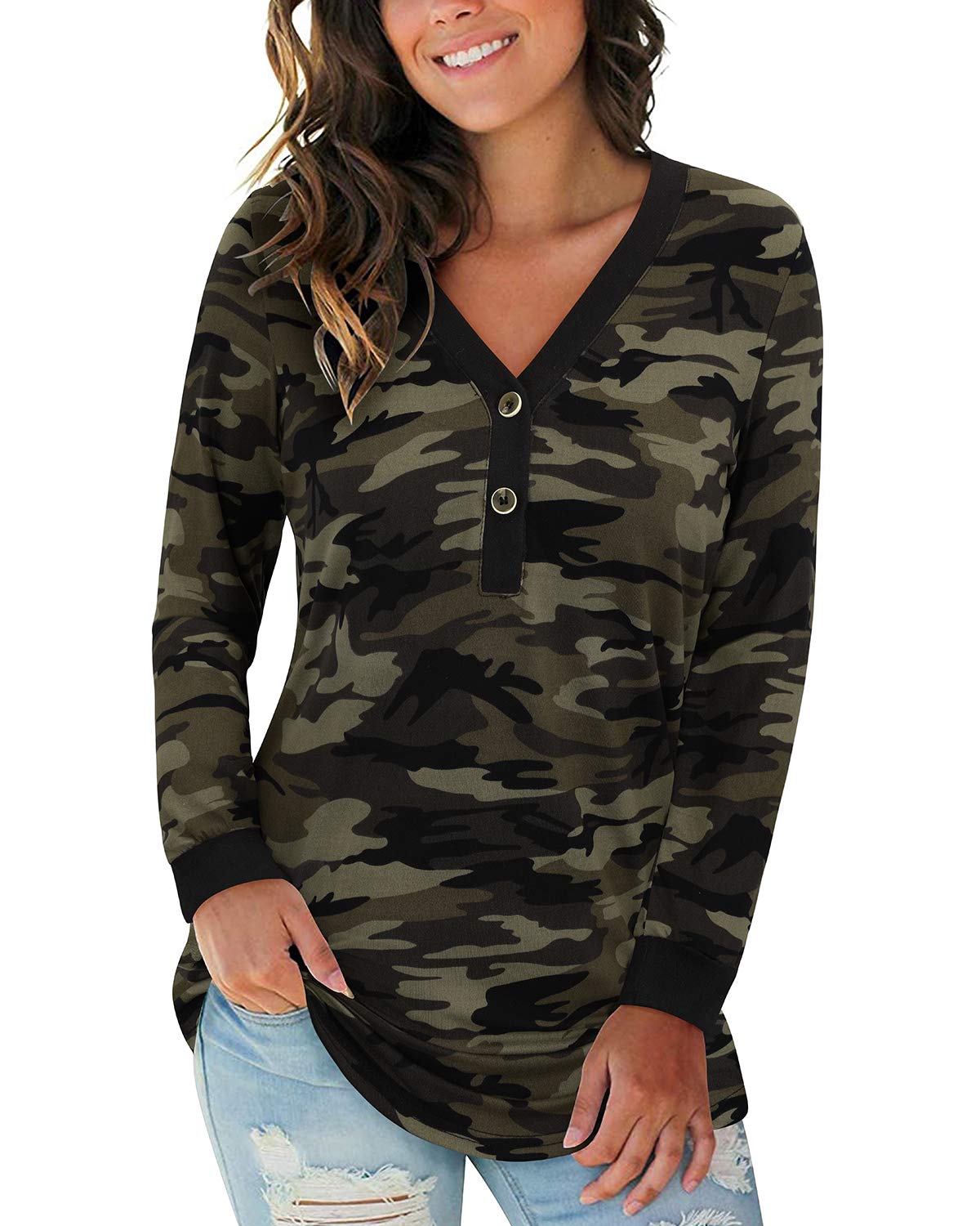 LAISHENWomen's V Neck Summer Tops Casual Henley Button Down T Shirts Tunic 2024