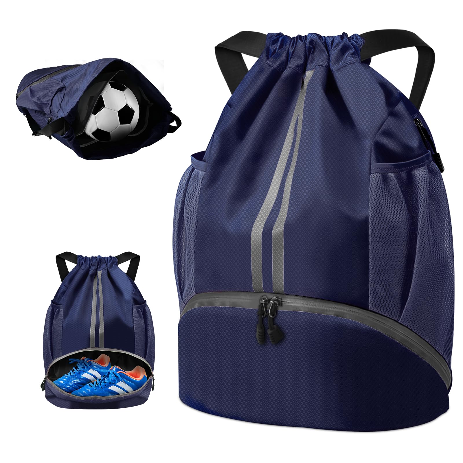 BROTOU Unisex Drawstring Backpack, Waterproof Gym Bag, Large Oxford PE Pack, Students School Backpack, Durable Sports Ball Bag, with Shoe Bag (A, Dark Blue)