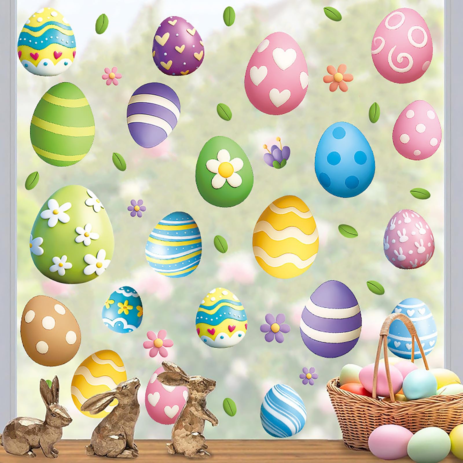 Photo 1 of 4 Sheets Double Sided Easter Window Clings, Large Easter Eggs Window Stickers Decals, Oil Painting Eggs Flowers Stickers, Self-Adhesive Static Decals for Home Office School Spring Party Decor