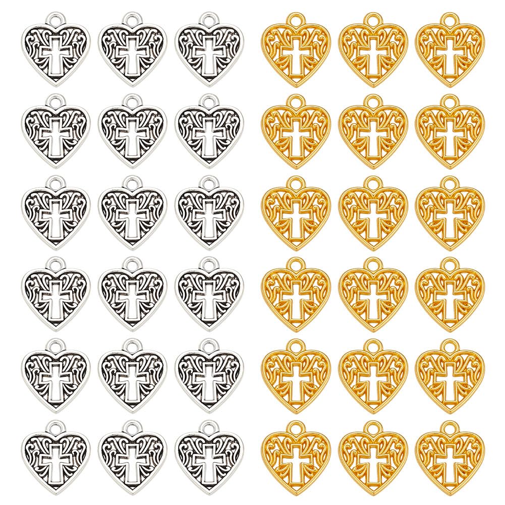 PandaHall 80pcs Antique Silver & Golden Alloy Hollow Lovely Metal Heart Cross Charms Bulk for Necklace Bracelet DIY Jewellery Making Accessories