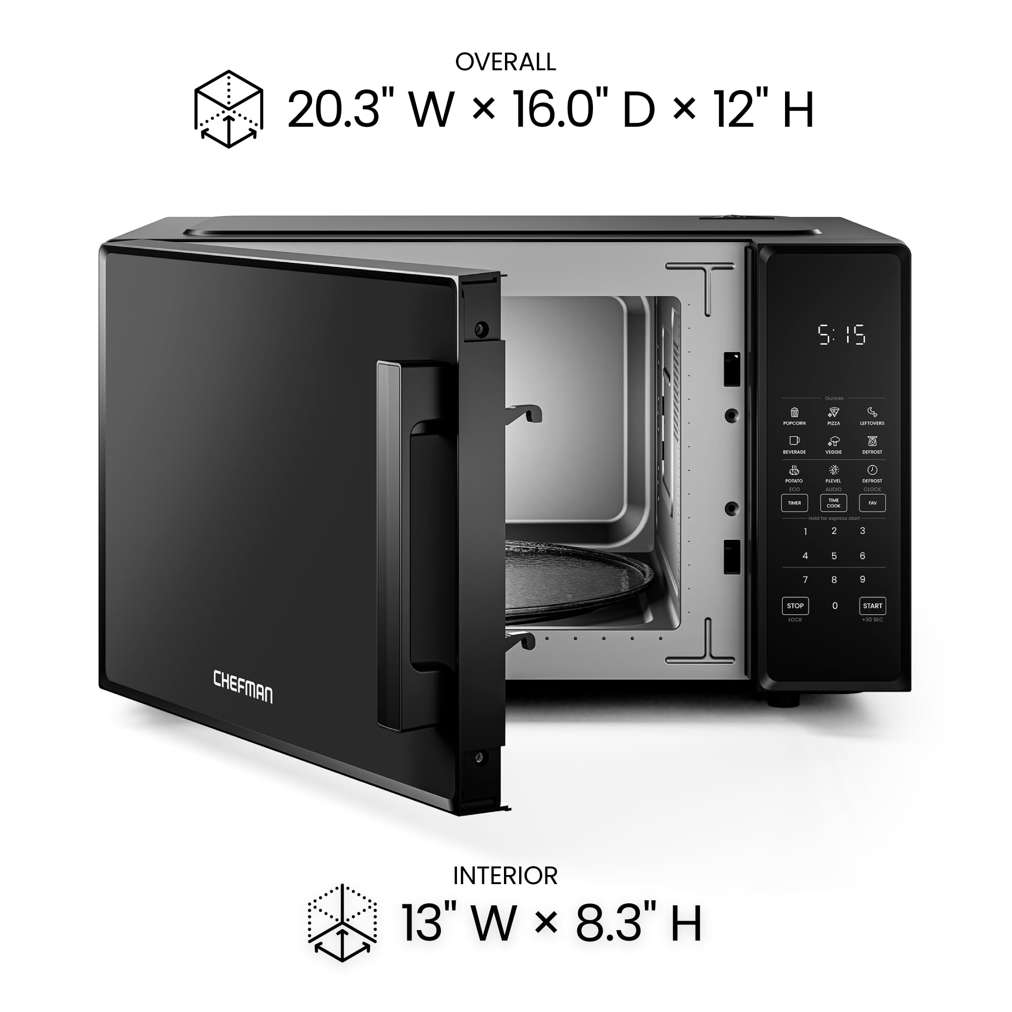 Chefman Countertop Microwave Oven 1.1 Cu. Ft., 1000 Watts with 10 Power Levels, 6 Cooking Presets with One-Touch Express Cook, Eco Mode, Child Safety Lock, & Mute Button - Black