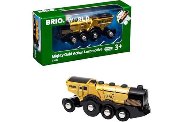 BRIO World Mighty Golden Action Locomotive - Battery Operated Toy Train for Wooden Track - Motorized Train with Lights & Soun