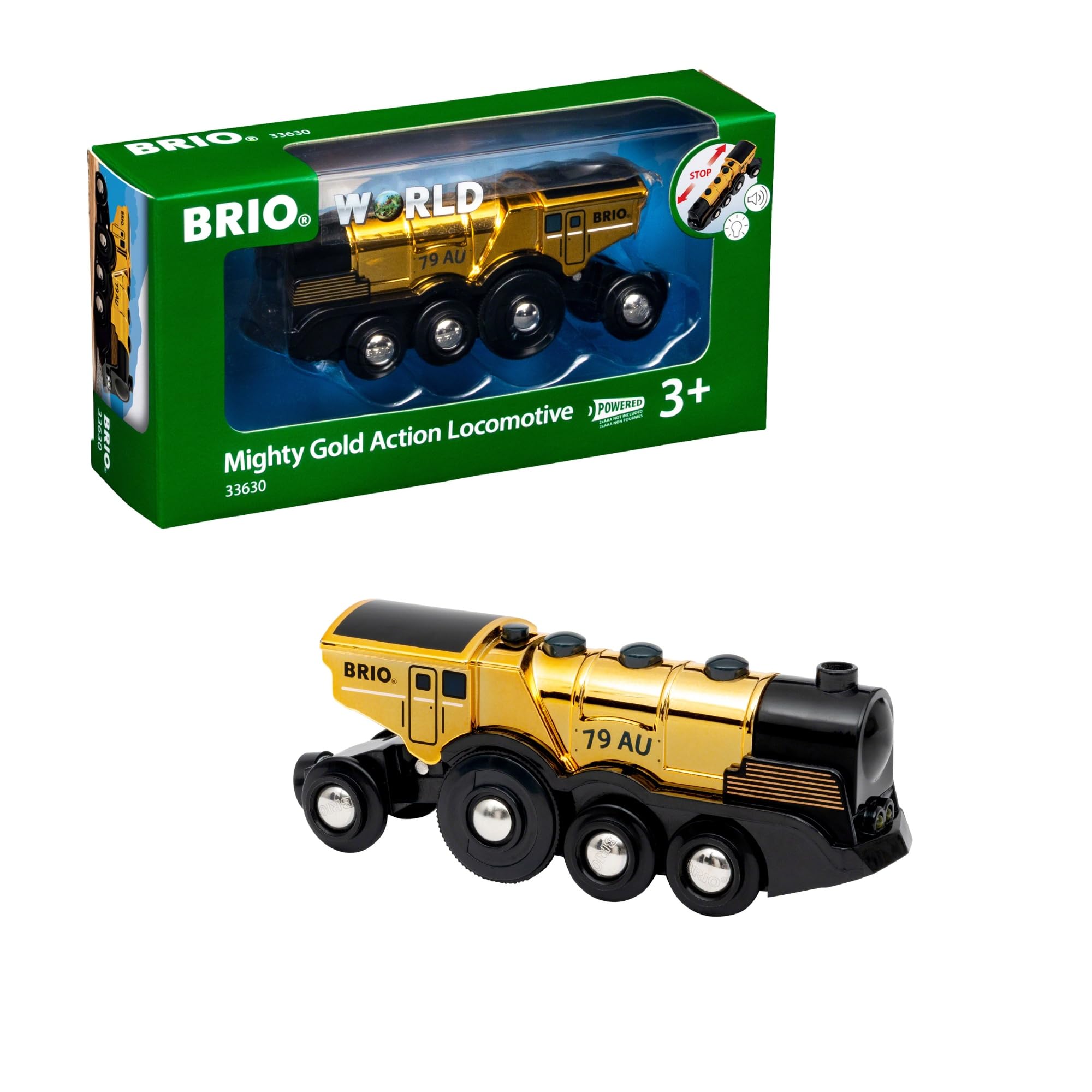 BRIO World Mighty Golden Action Locomotive - Battery Operated Toy Train for Wooden Track - Motorized Train with Lights & Sound - Works with All BRIO Sets - Exciting, Interactive Play - Ages 3 & Up