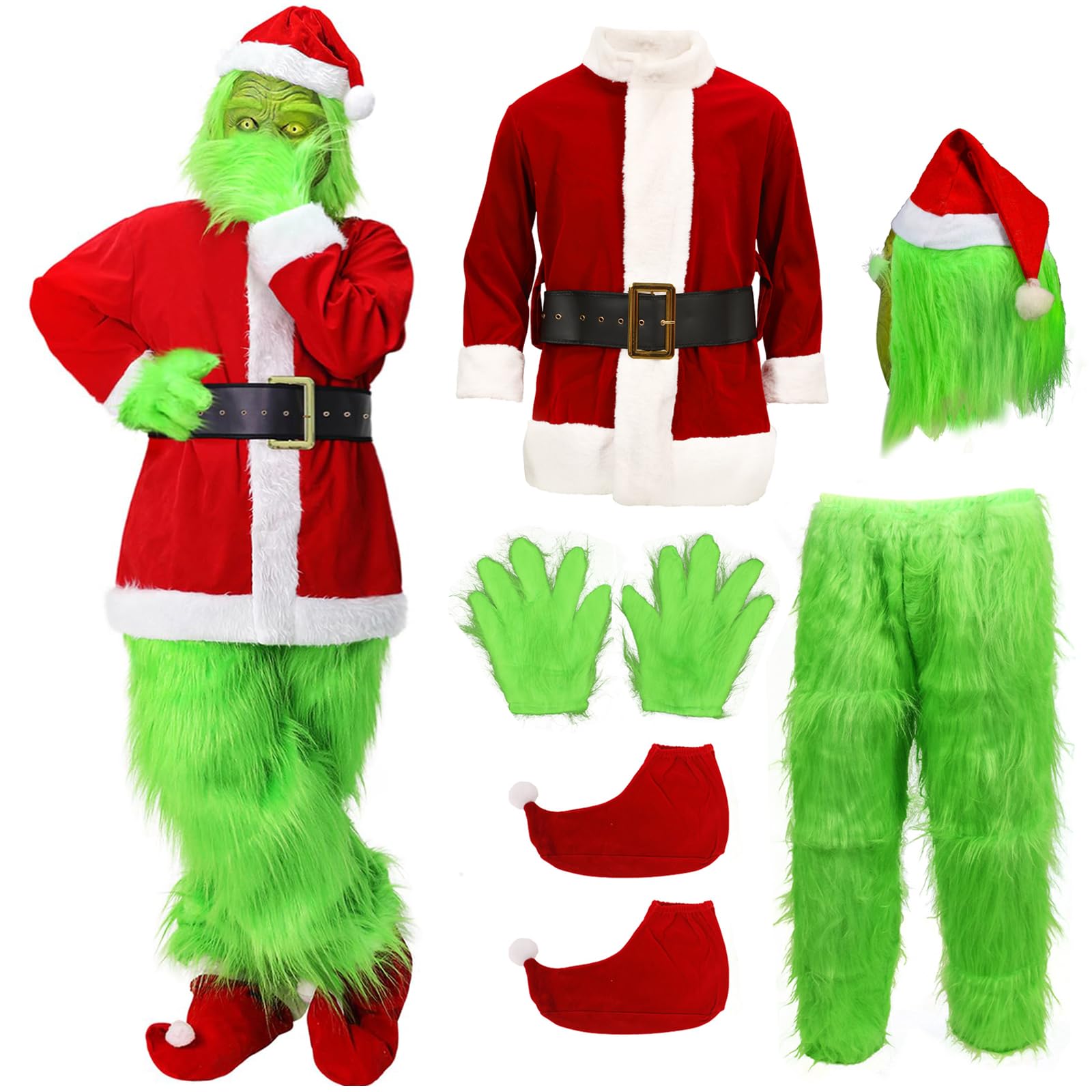 SINSEN 7PCS Christmas Green Big Monster Costume Adult Cosplay Costume Luxury Santa Claus Santa Suits Outfits