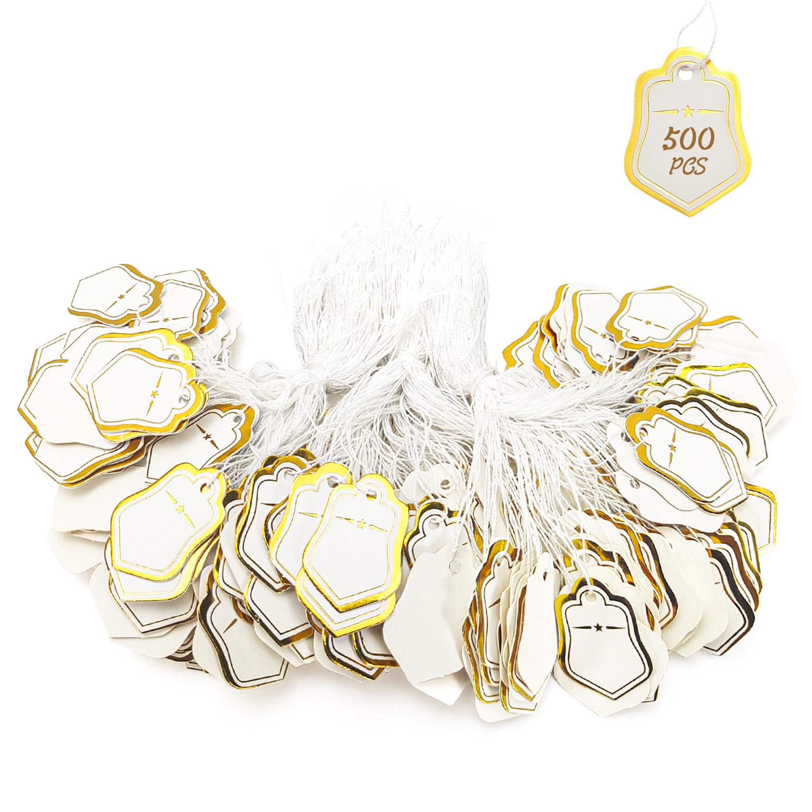 500 pcs Jewelry Price Tags with String Attached, Paper Price Labels, Display Clothing Tags Display Label, Marking Tags with Elastic String (Gold，Peach-Shaped)
