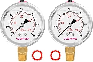 GOATACURA 0-60psi/kpa Glycerin Filled Pressure Gauge, 2-1/2" Dial Size (2 Pack), Stainless Steel Case, with Vent Valve, 1/4" NPT Lower Mount, 2-1-2% Accuracy, for Measuring Gas Liquid Pressure