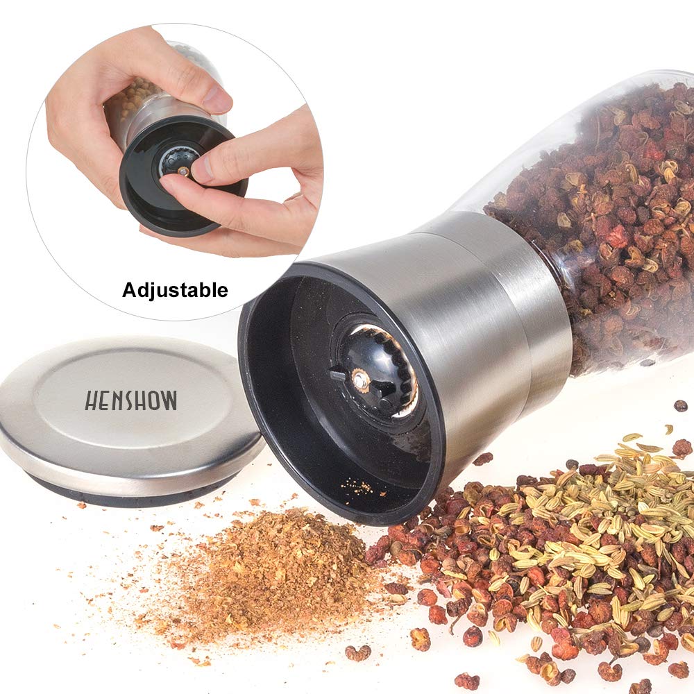 Salz- und Pfeffermühle Set, Henshow 2er Pack Premium Bürste Edelstahl Salz- und Pfeffermühle Set und Glaskörper Salz und Pfefferstreuer mit einstellbarer Keramik Grobigkeit zum Kochen Grillen