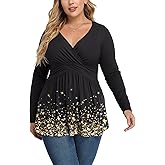 TIANZHU Women's Plus Size V Neck Long Sleeve Tunics Tops Lightweight Blouse Dressy Casual Top Ruched Trendy Clothes