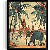 aj decor Elephant in Thailand Landscape Poster Art Print, Retro Vintage Wall Art Nature Painting Gallery 22 (Elephant in Thailand, 8 x 10 inches, Black Frame)