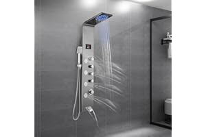 ROVOGO Shower Panel Tower with Rainfall Shower, Body Jets, Handheld and Tub Spout, No Battery Needed Led Lights and Temp Display, Unibody Shower Column 304 Stainless Steel, Brushed