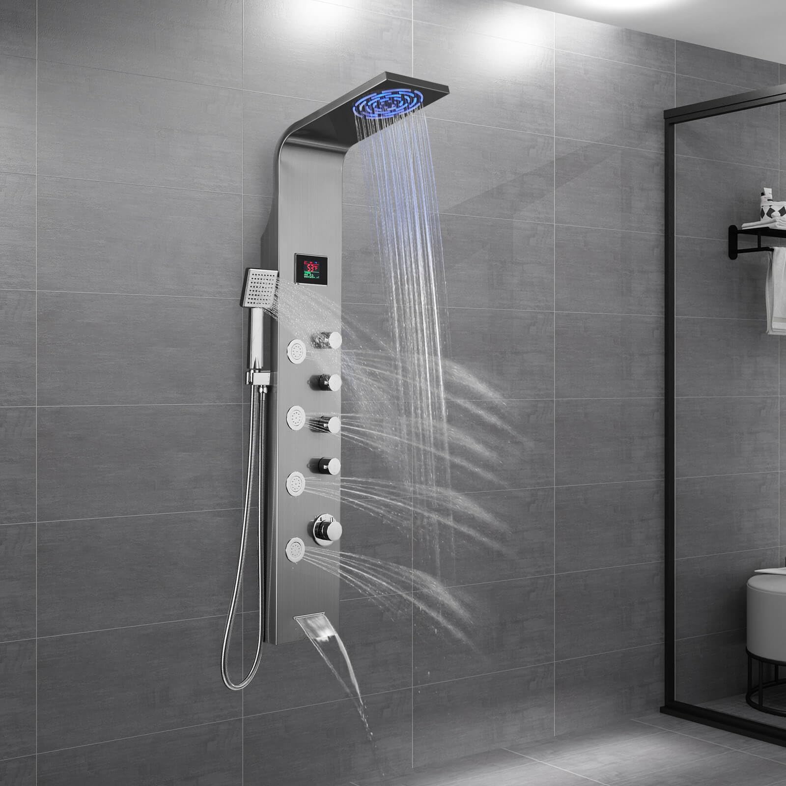 Photo 1 of ***MISSING PARTS***
ROVOGO Shower Panel Tower with Rainfall Shower, Body Jets, Handheld and Tub Spout, No Battery Needed Led Lights and Temp Display, Unibody Shower Column 304 Stainless Steel, Brushed