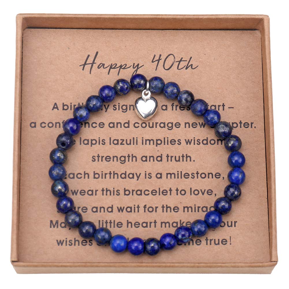 Giuesytic 40 Birthday Gifts for Women Turning 40 - Lapis lazuli Bead Bracelet with Sterling Silver Heart Charm with Card and Gift Box