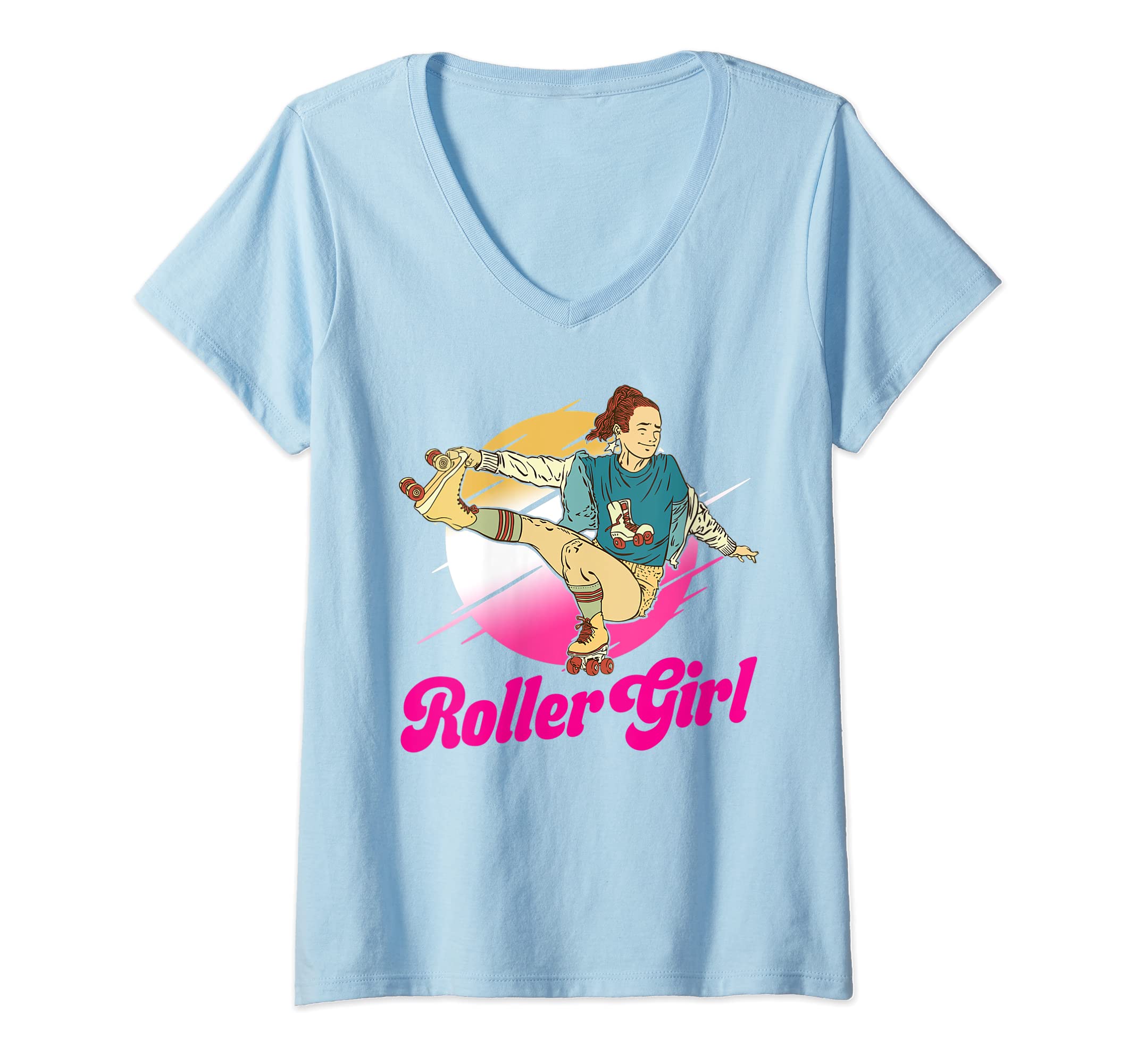 Womens Roller Girl Skates Womens Skatter Vintage Retro 70s 80s V-Neck T-Shirt