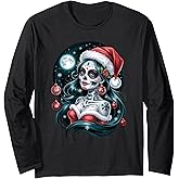 Christmas Sugar Skull Art Woman Santa Hat Festive Design Long Sleeve T-Shirt