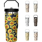 30oz Sunflower Tumbler with Handle and Flip Straw, Floral Stainless Steel Insulated Cup, Travel Coffee Mug Water Bottle, Birthday Mothers Day Chritmas Gifts for Women Animal Flowers Lovers