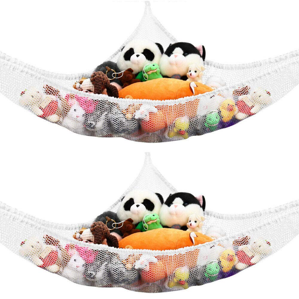 2PCS Toy Storage Hammock for Stuffed Animals Teddies Large Mesh Toys Holder Net Organiser with 6 Strong Hooks for Kids Bedroom