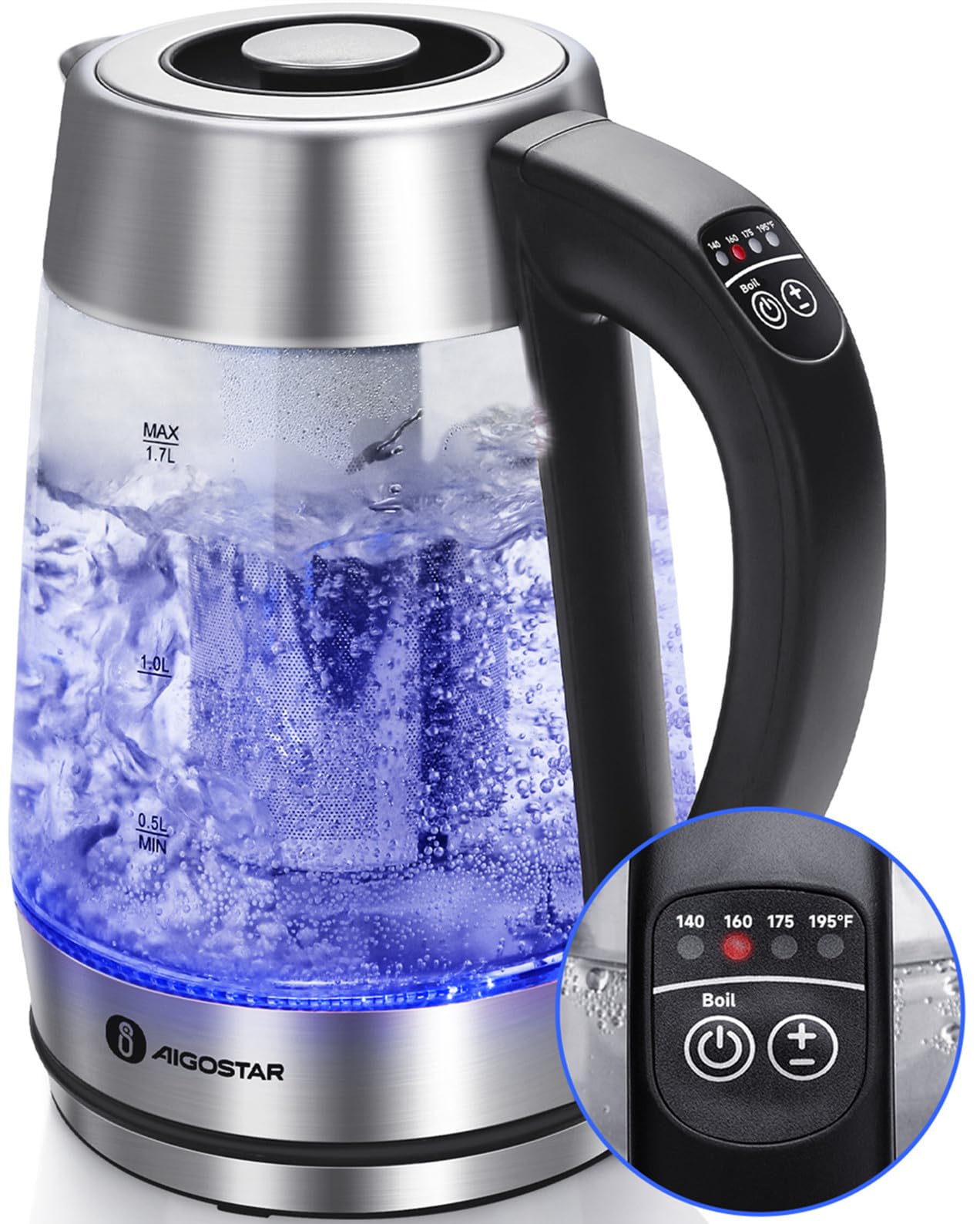 Photo 1 of *used*Aigostar Electric Kettle, Tea Kettle with Temperature Control and Tea Infuser, 1500W Hot Water Kettle with Variable Temperature, Keep Warm Function, LED Indicator Light Change, Auto Shut-Off, 1.7L