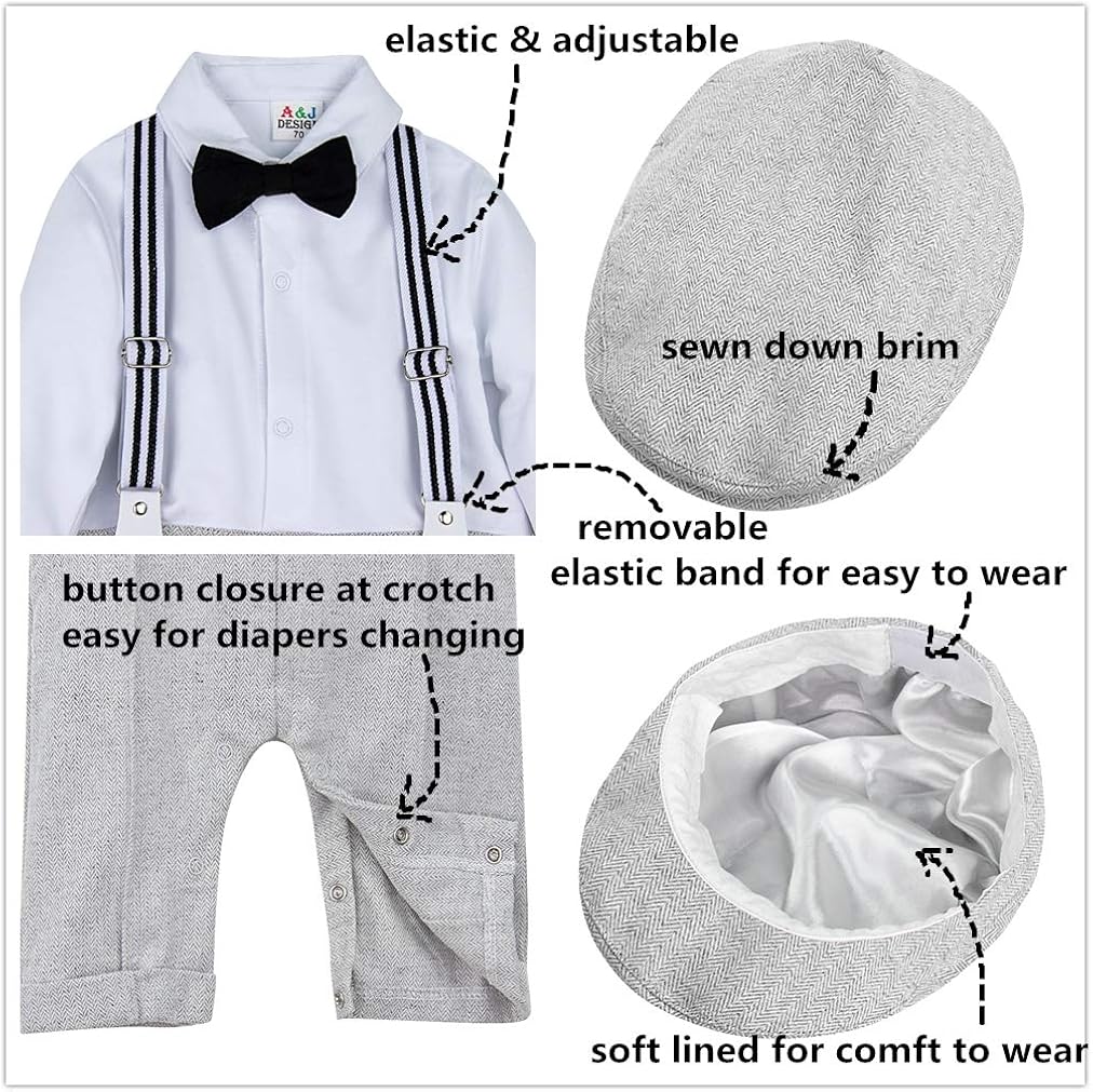 A/&J DESIGN Set 3 Pezzi per Neonato 0-18 Mesi Gentleman Jumpsuit /& Vest Coat /& Berets con Papillon e Bretelle
