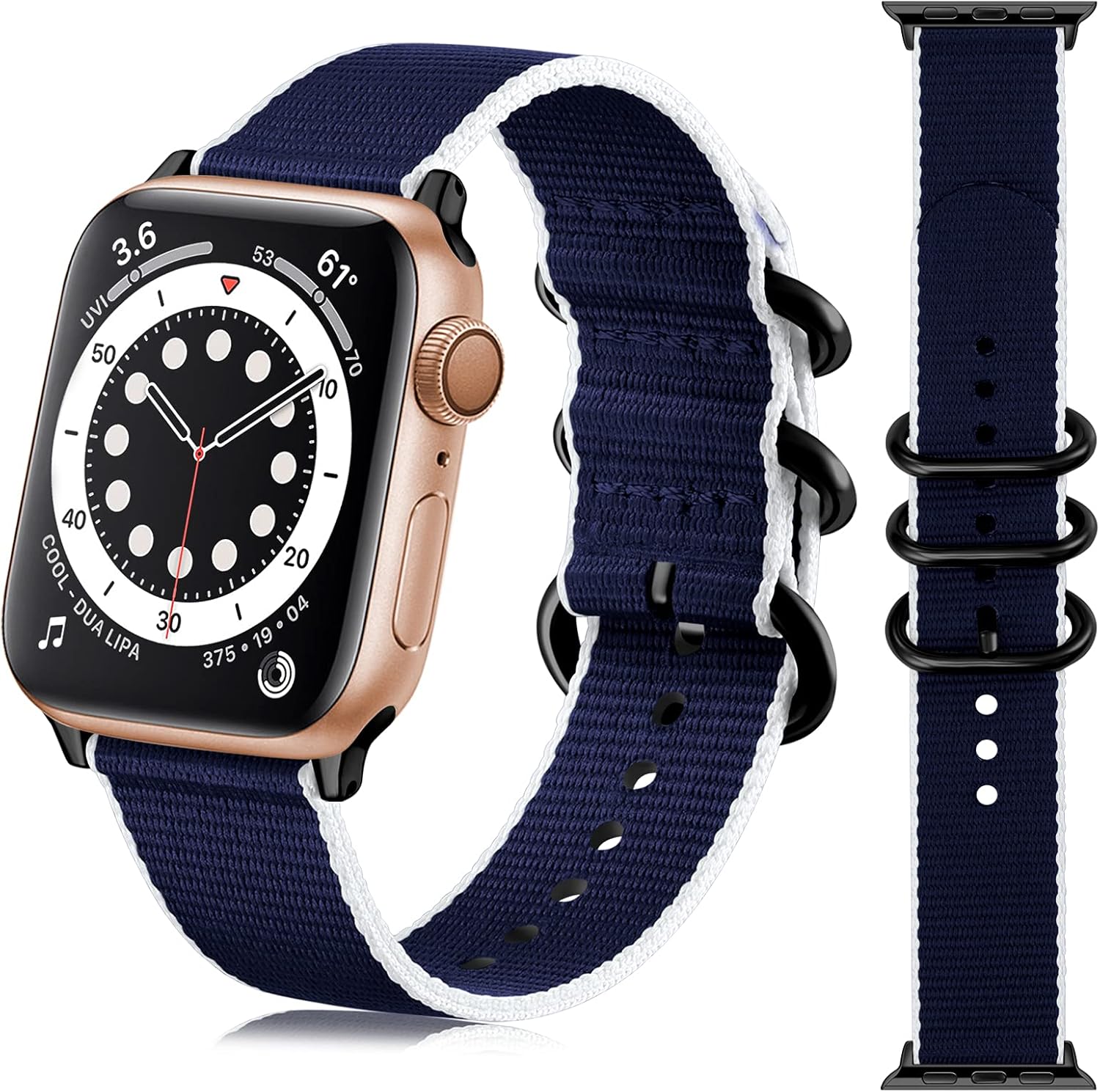 Getino Compatible with 38mm 40mm Apple Watch Bands Women Men, Stylish Sport Military-Style Stripe iWatch Nylon Bands with Metal Buckle fit with iWatch SE Series 6 5 4 3 2 1, Navy/ White