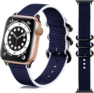 Getino Compatible with 38mm 40mm Apple Watch Bands Women Men, Stylish Sport Military-Style Stripe iWatch Nylon Bands with Metal Buckle fit with iWatch SE Series 6 5 4 3 2 1, Navy/ White