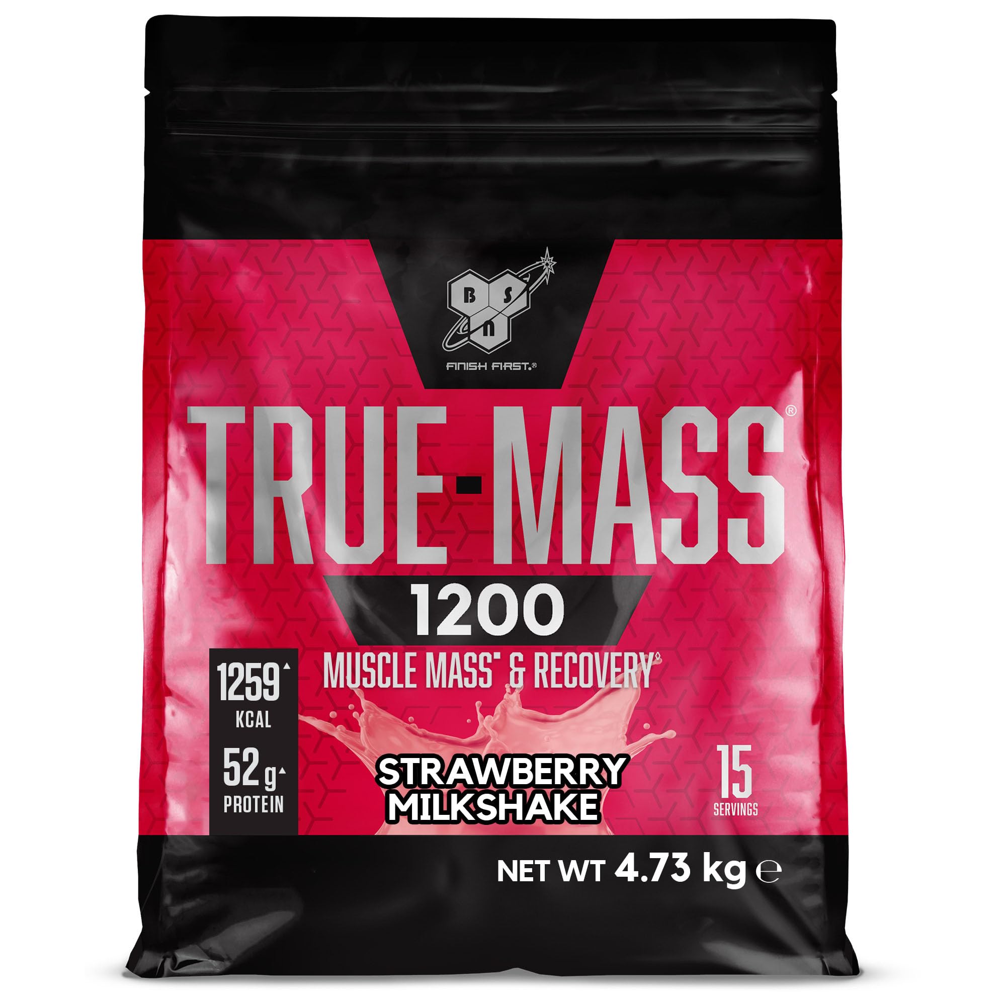 BSN True Mass 1200, Mass Gainer Protein Powder with Whey Isolate and Carbohydrates, Weight and Muscle Gain and Post Workout Recovery, Strawberry Milkshake Flavour, 15 Servings, 4.8 kg