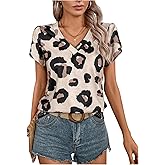 SweatyRocks Women's V Neck Leopard Print Tops Casual Short Sleeve T Shirts Fall Outfits
