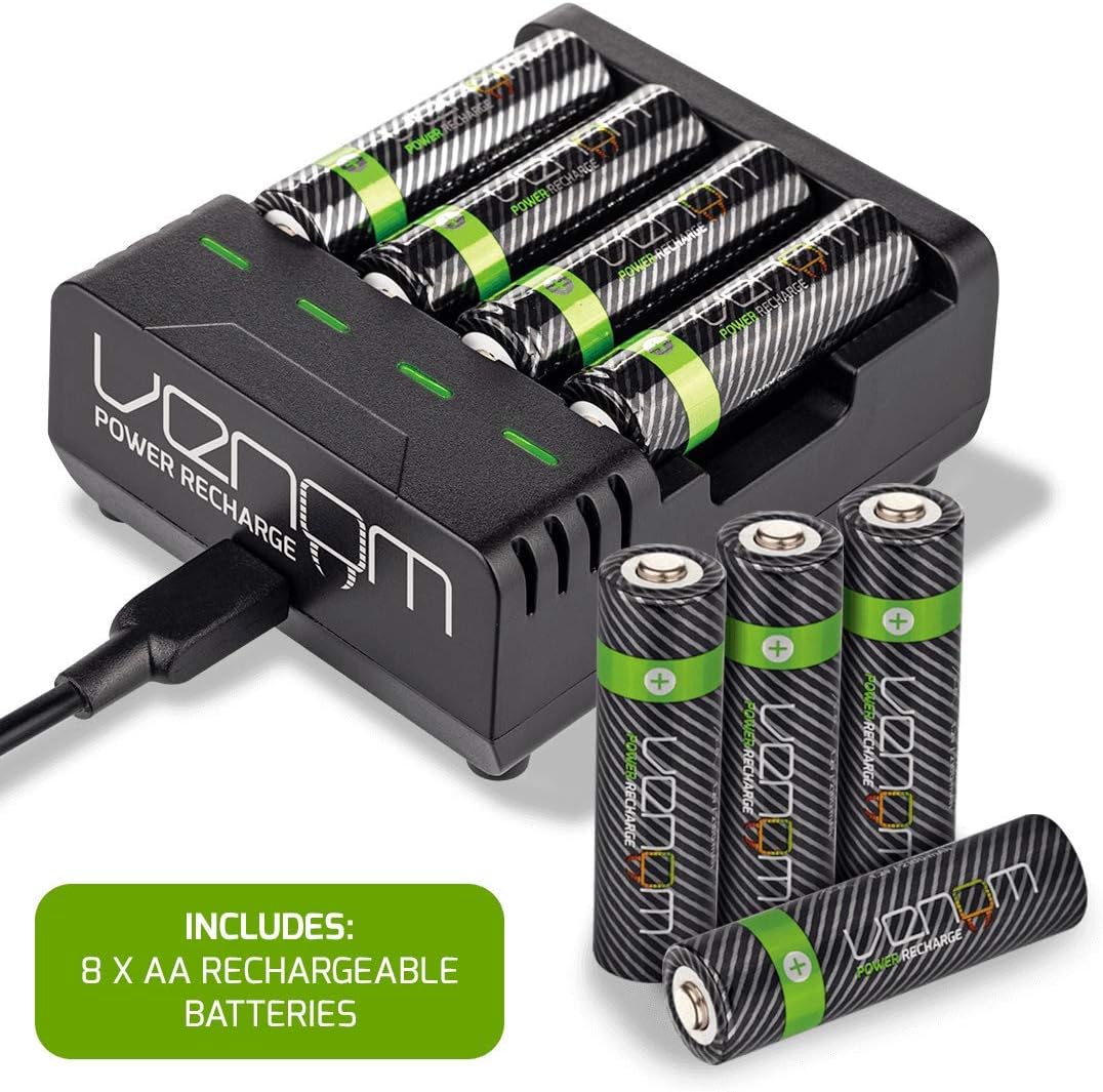 Venom Rechargeable AA Batteries plus Charging Dock - Includes 8 x AA 2100mAh Batteries, Black, Charger plus 8 x AA