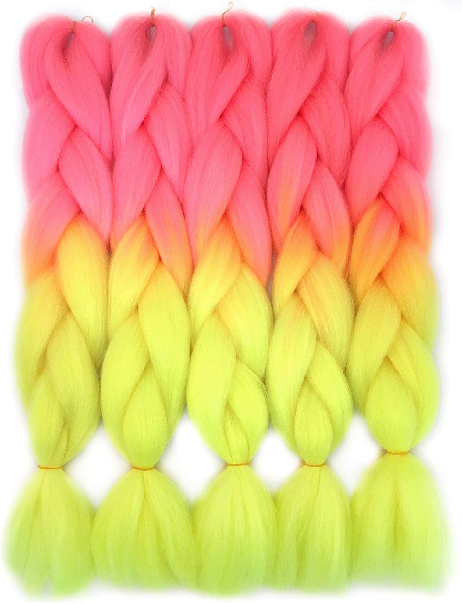 VCKOVCKO Ombre Candy Colors Jumbo Braiding Hair Extension Synthetic Kanekalon Fiber for Twist Braiding Hair,Fluorescent Green Kanekalon Jumbo Box Braiding Hair 24",5 Bundles/Lot,Pink-Fluorescent Yellow