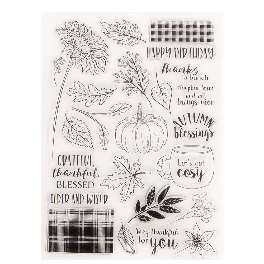 arriettycraft Autumn Blessings Pumpkin Sunflower Leaves Happy Birthday Thanks Clear Stamps for Card Making Decoration and DIY Scrapbooking