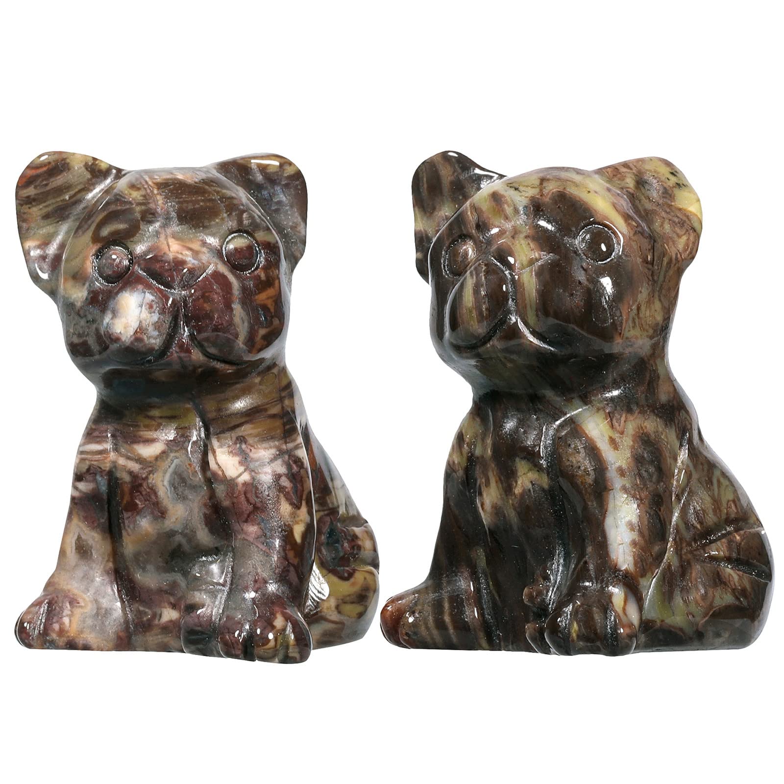 Nupuyai 2pcs Crazy Lace Agate Mini Crystal Stone Statue Hand Carved Animal Dog Puppy Set, Energy Healing Stone Figurine Ornament Home Office Decor
