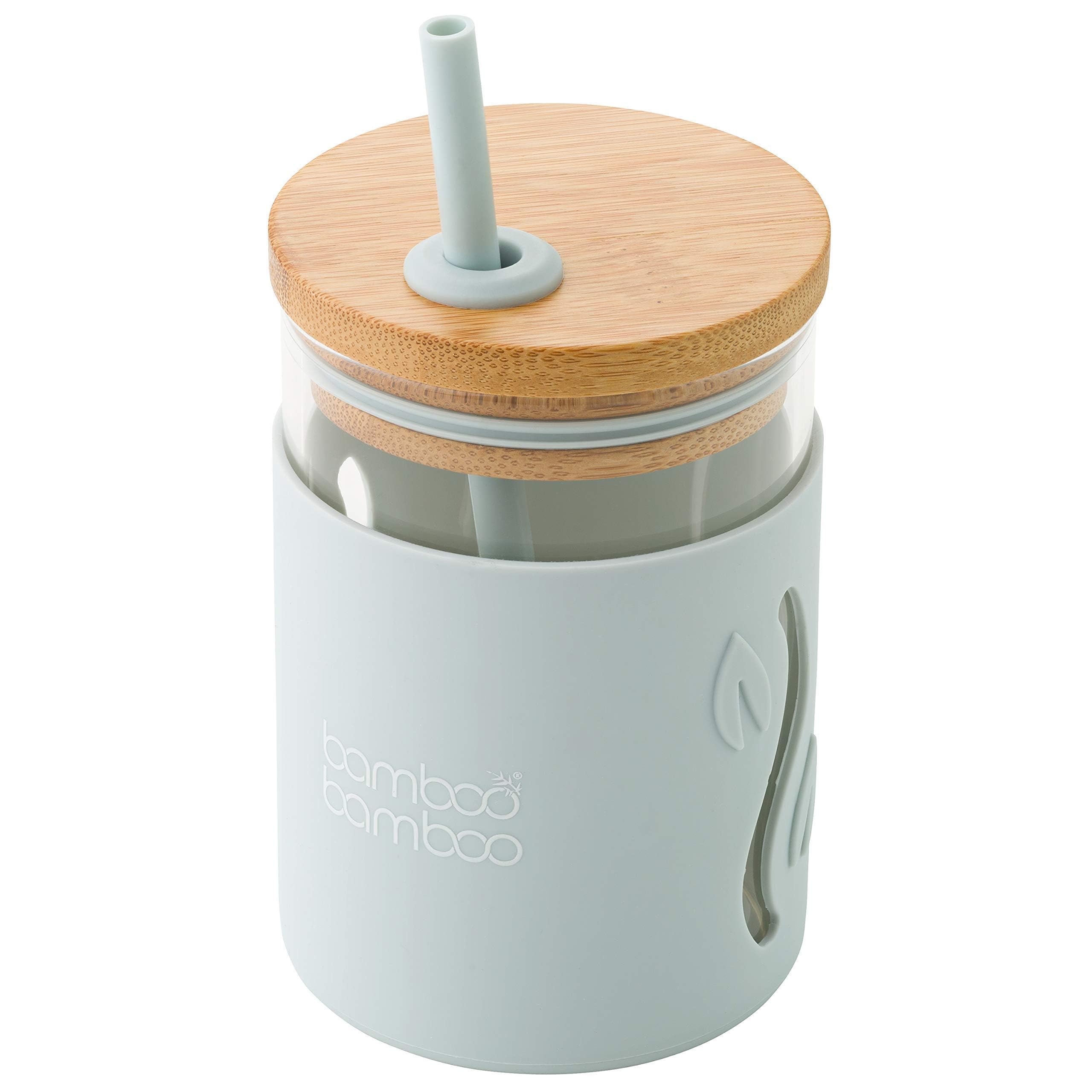 bamboo bamboo Sippy Cup, Straw Cups for Toddlers, Glass Jar with Bamboo Lid & Silicone Impact Sleeve, Perfect for Drinks & Smoothies, 350ml Capacity Baby Cup for Transitioning Toddlers (Grey)