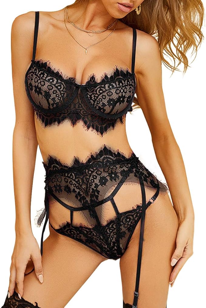 TOPMELON Women Embroidered Lingerie Set with Garter Belts