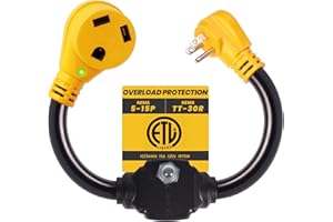 CORDMITPRO RV 30 Amp to 110 Adapter with Overload Protector Circuit Breaker, 30 Amp to 15 Amp / 20 Amp Household Adapter, NEMA 5-15P to NEMA TT-30R RV Plug with LED Power Indicator, ETL Listed