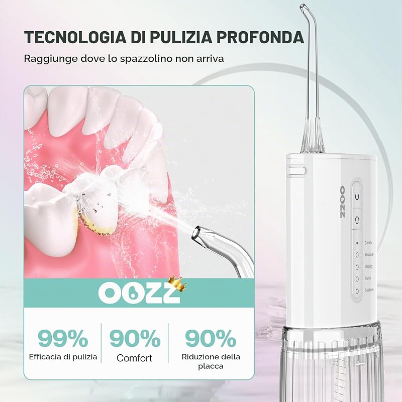 Idropulsore da viaggio, irrigatore orale tascabile senza fili, 5 modalità di pressione, 6 ugelli, design compatto ricaricabile tramite USB, irrigatore orale portatile per denti (Cloud)