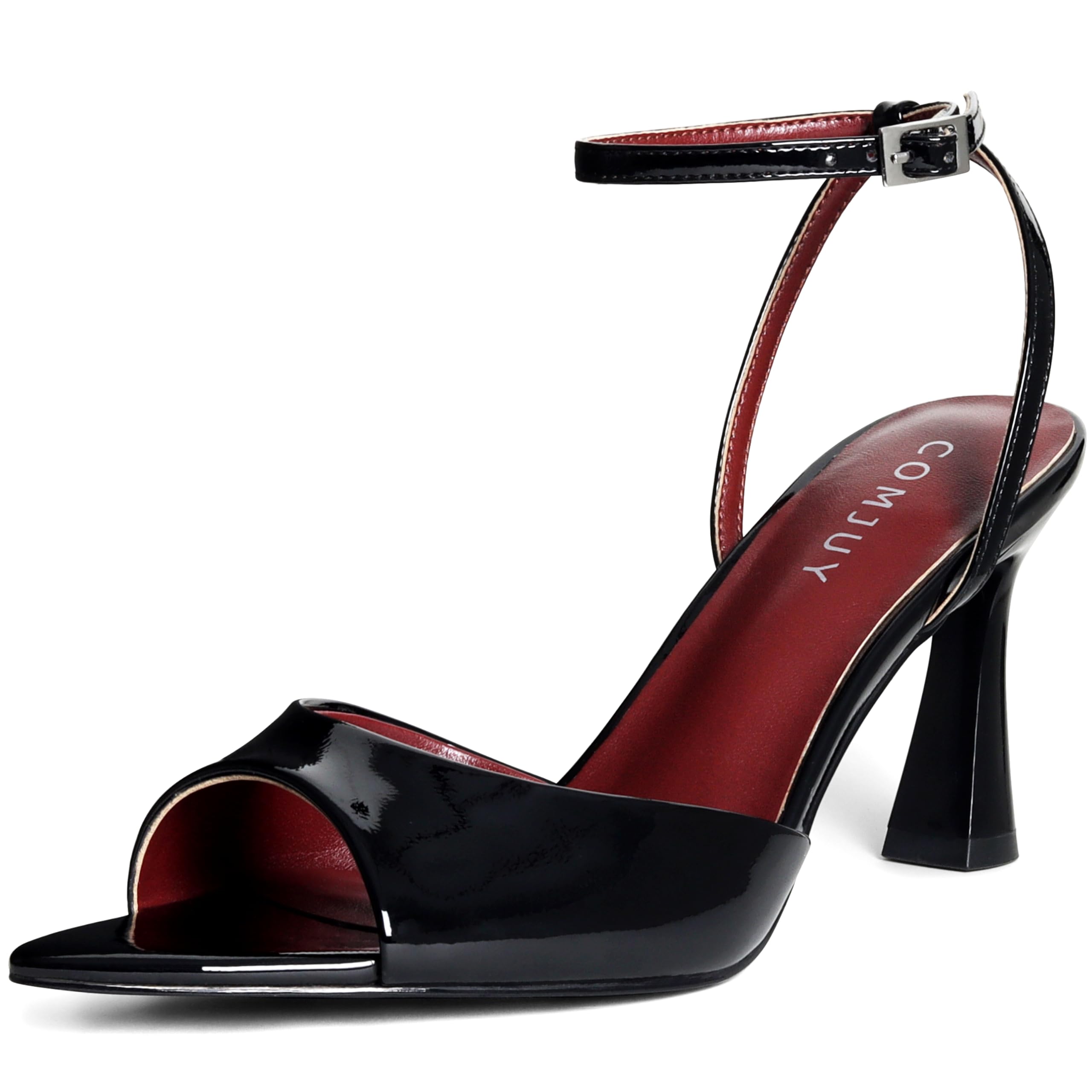 Photo 1 of COMJUY Black Heels Sandals for Women 3 1/8 Inch Kitten Heeled Sandals Peep Toe Flared Heels With Ankle Strappy Leather Sandals Wedding Party Prom Sexy Dress Shoes Size 7