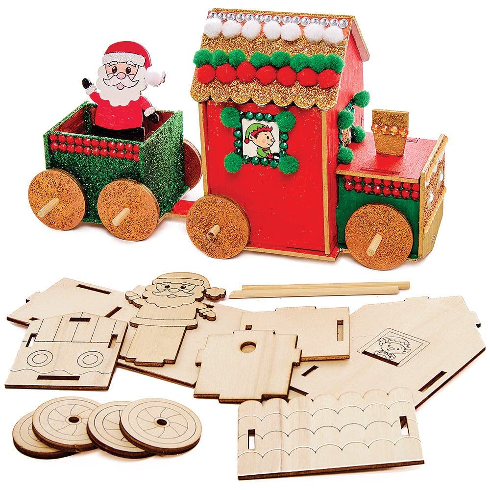 Baker Ross FX282 Santas Wooden Train Kits - Pack of 2, Wood Craft Christmas Decorations, Craft Kits for Kids, Christmas Crafting Activity