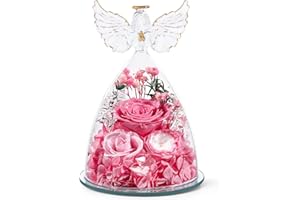 FIACO Gifts for Women Preserved Rose Forever Flower in Glass Angel Figurine Fresh Flowers for Delivery Prime Mothers Day Birthday Gifts for Mom Grandma Wife Sister Pink