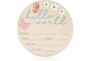 AJCOTAHM Hello World Newborn Sign, 5.9 Inch Wooden Baby Announcement Sign Pink Butterfly Style Birth Welcome Board for Newborn Boys Girls Photo Props Baby Shower Hospital Nursery
