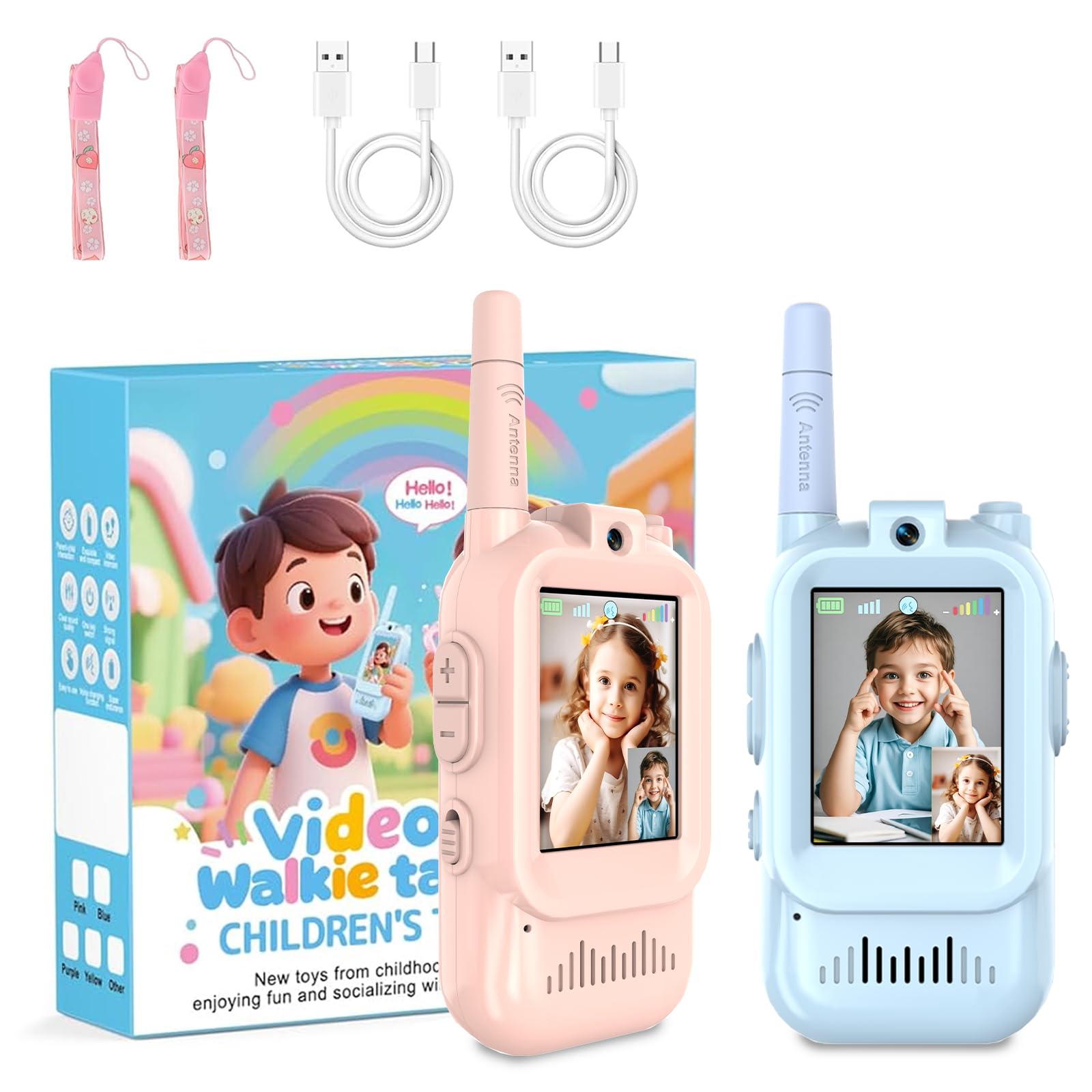 NeuWee Kids Walkie Talkies with Video Call & Voice Changer, Rechargeable Long Range Walkie Talkies for Kids Ages 3-12, Outdoor Adventure Toys Gifts for Boys and Girls (Pink+Blue)