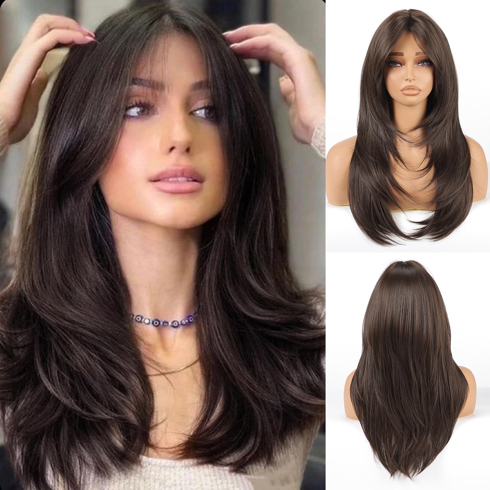 Allbell Black Brown Wigs with Bangs Long Straight Layered Wig for Women Heat Resistant Syntehtic Natural Hair Wigs