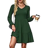 AUSELILY Womens Long Sleeve Dress 2025 Fall Casual V Neck Tiered Swing Flowy A-line Mini Short Dresses with Pockets