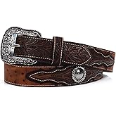 ARIAT Men's Faux Ostrich Leather Belt with Floral Emboss and Silver Conchos