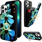 TopPerfekt Compatible with iPhone 13 Pro Wallet Case with Card Holder, 360° Rotation Finger Ring Holder Kickstand Protective RFID Blocking PU Leather Pattern Double Buttons 6.1" Blue Floral