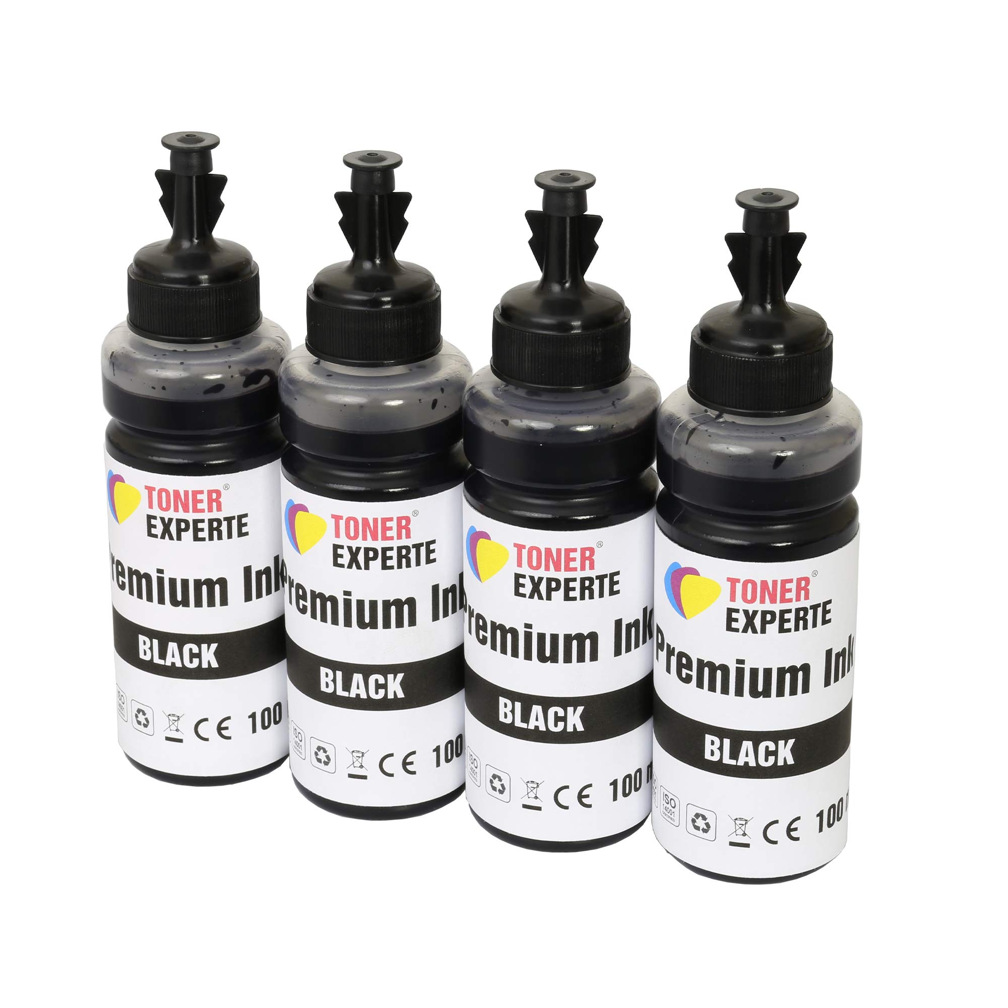 TONER EXPERTE® 4 x 100 ml (4 BLACK) Universal Refillable Ink Bottles Replacement for EPSON LEXMARK DELL RICOH Compatible with Cartridges and CISS System