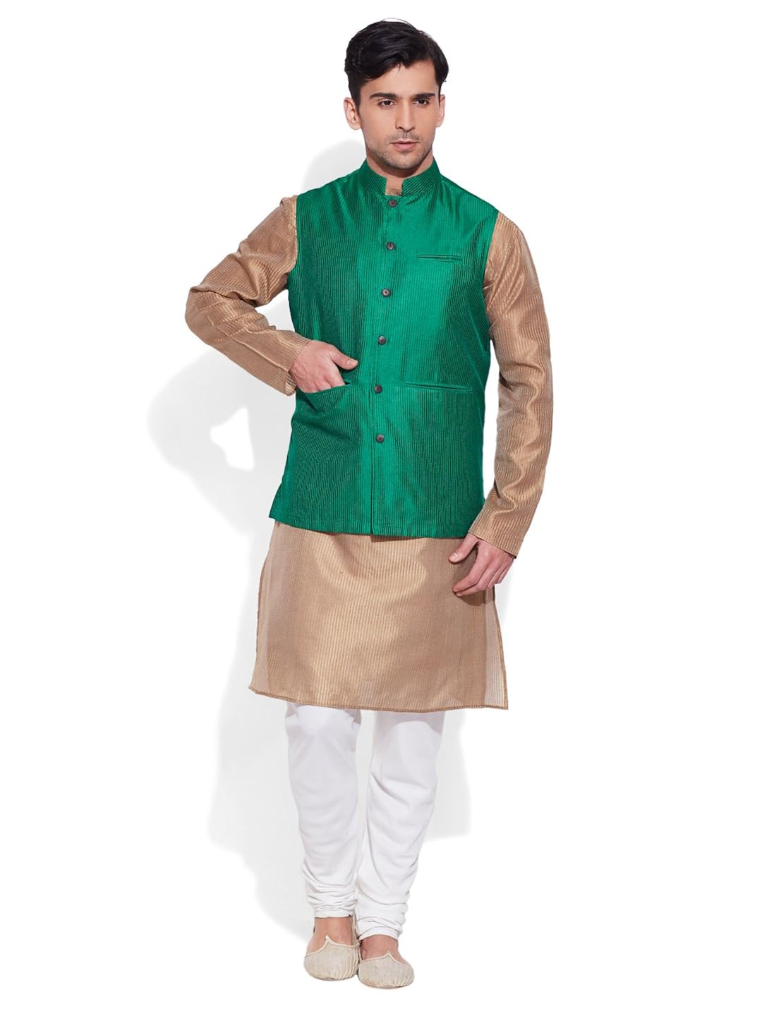men's faux silk green nehru jacket
