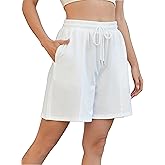 Xingshuo.J Womens Bermuda Shorts with Pockets 7" Inseam Elastic Waist Loose Fit Gym Workout Shorts Stretch Lounge Shorts White Medium