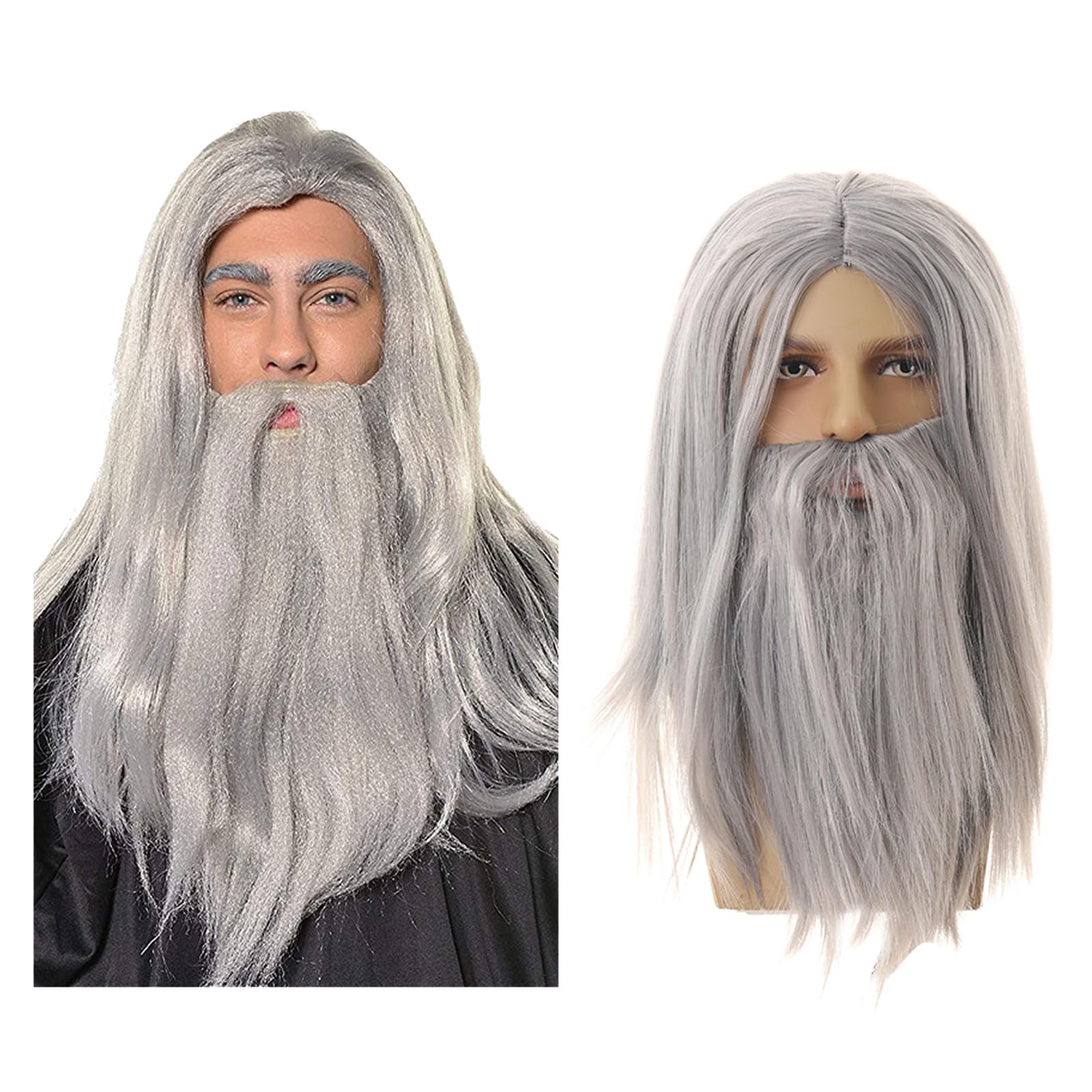 UILYNIU Wizard Wig and Long Beard, Men's Long Straight Grey Wig Cosplay Wizard Sorcerer Prophet Wig for Carnival Halloween Christmas Costume, Old Men Cosplay Adult Fancy Dress Party (Grey)