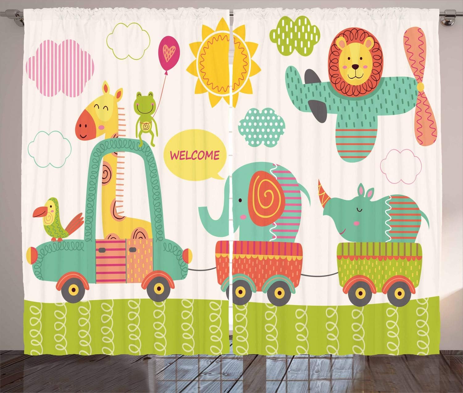 Ambesonne Jungle Curtains, Train with Baby Jungle Animals Saying