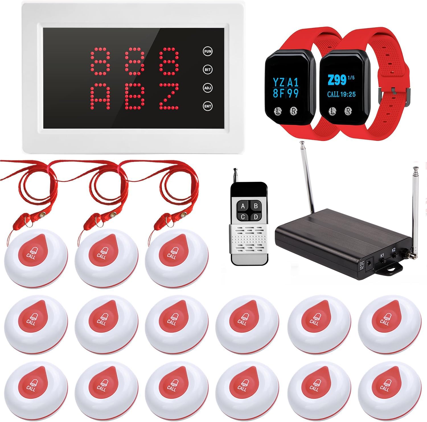 WNKRUN Caregiver Pager System 400m Nursing Alarm Call Button Wireless Calling System with 1 Display Receiver/2 Watches/1 Signal Amplifier/15 Call Buttons for Elderly Patient Nursing Home Nurse Station